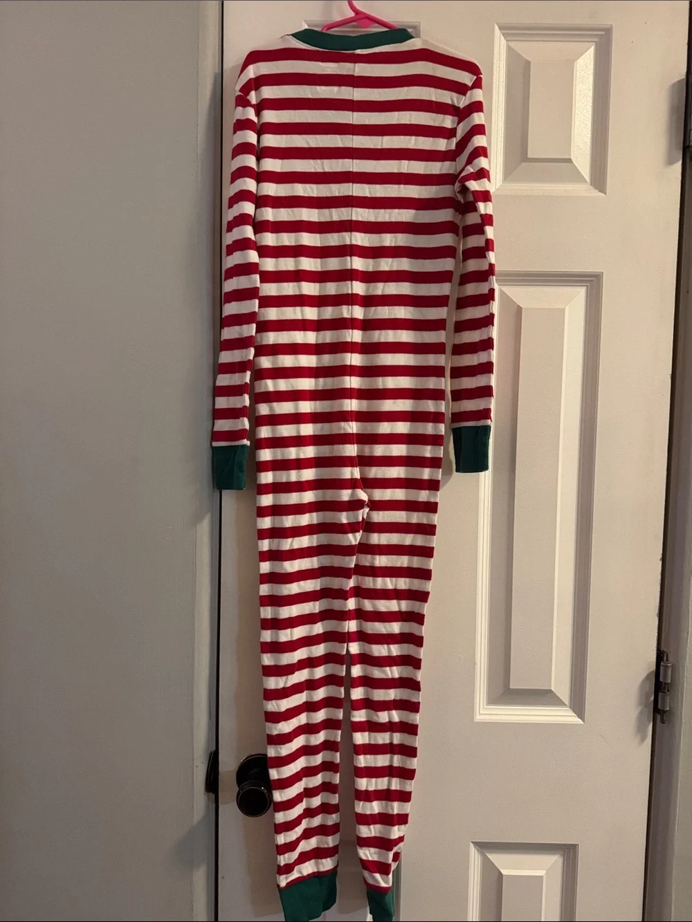 Old Navy Red & White Striped Kids One-Piece Pajama with Green Trim